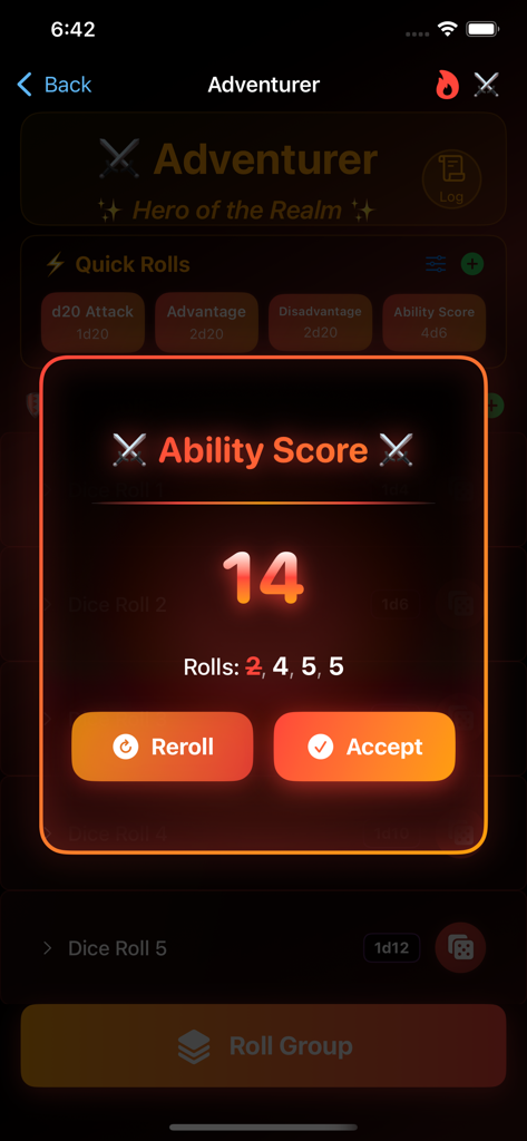 Legend Roller mobile app interface showing a D&D ability score roll result of 14 with the lowest die dropped
