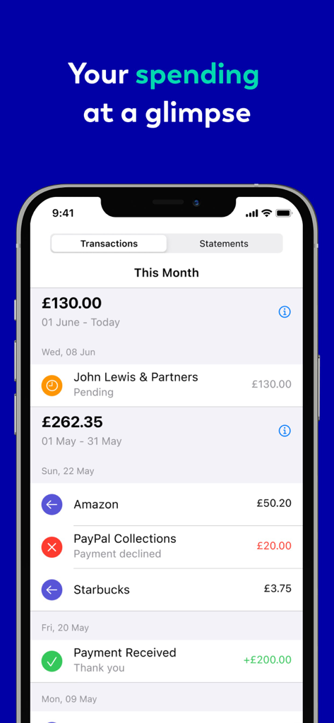 Aqua credit card mobile app showing a list of recent transactions and pending payments