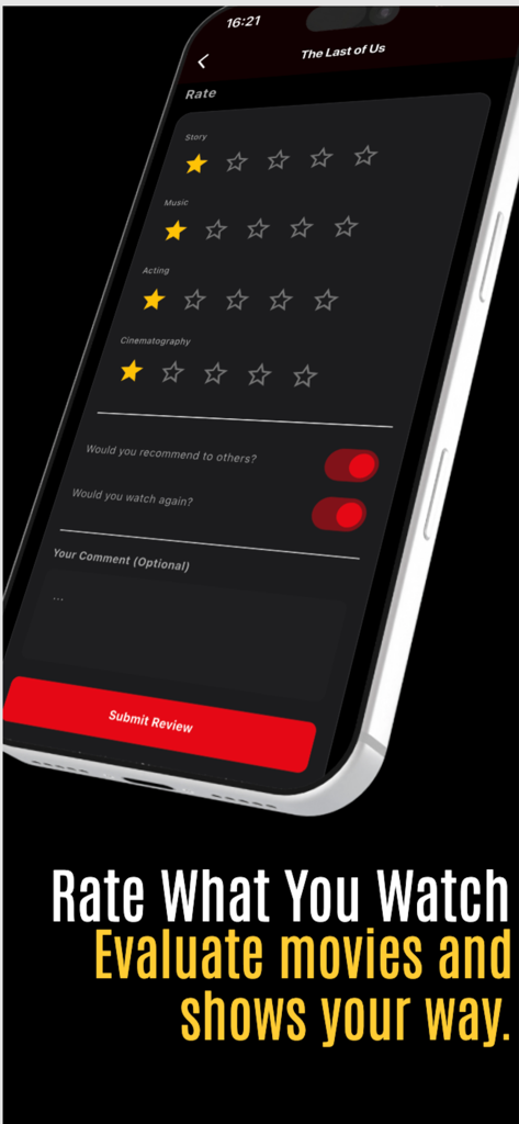 Movie & Series List - App screen showing a detailed rating system for a TV series with star categories for story music acting and cinematography