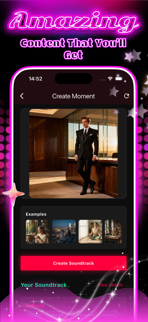 Woozi - The Woozi app interface for creating a moment showing a photo of a man in a suit with a button to create an AI soundtrack based on the mood