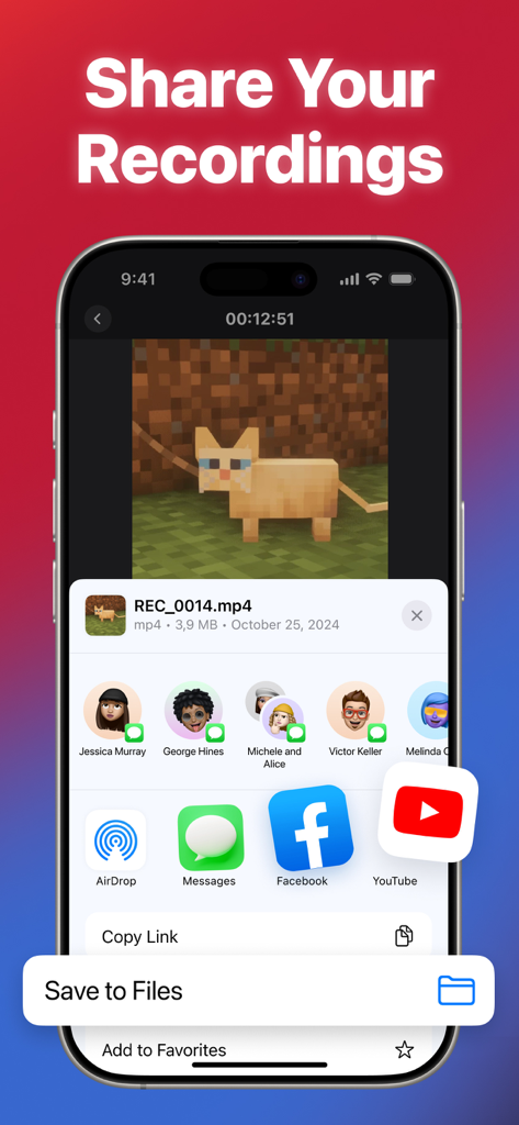Screen Recorder HQ - A mobile screen showing options to share a screen recording of a game to social media platforms like YouTube and Facebook.