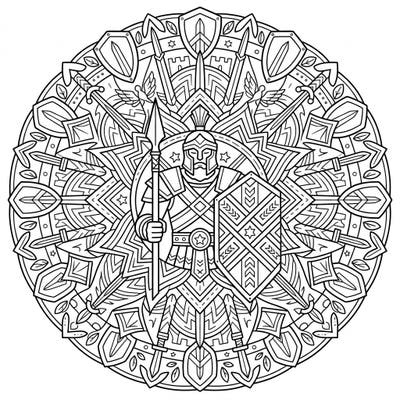 Discover a captivating Goliath warrior depicted within a symmetrical mandala, specifically designed for seniors. This intricate yet accessible coloring page offers a relaxing and engaging experience with clear, bold outlines.