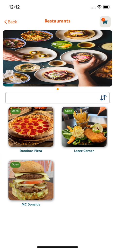 Sky Application - Mobile Ansicht der Sky Application mit einer Liste von Restaurants wie Domino's Pizza und McDonald's