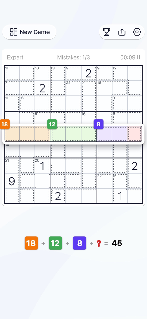 Killer Sudoku - Puzzle Games - Killer Sudoku gameplay showing an expert level puzzle with a row sum calculation challenge.