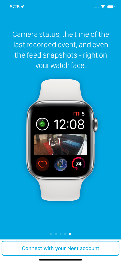 Esfera de Apple Watch que muestra una complicación de captura de cámara Nest de un gato en un sofá