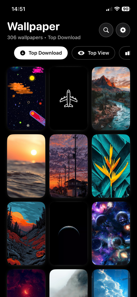 wallpaper 26 4k - Interface d'application mobile affichant une grille de fonds d'écran 4K de haute qualité pour iPhone sous la catégorie des meilleurs téléchargements.