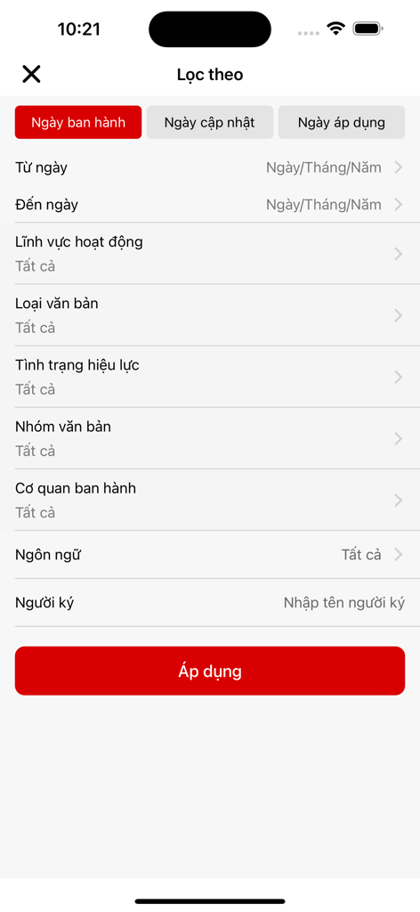 Una interfaz móvil para filtrar documentos legales en la aplicación Luat Viet Nam con opciones de fecha, tipo de documento y estado de validez.