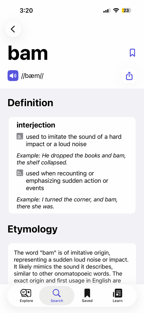 English Dictionary Offline - Mobile app screen showing the definition etymology and pronunciation of the word bam in English Dictionary Offline