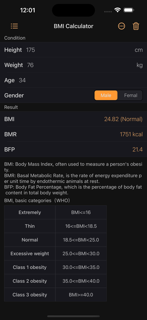 Smart-Calculator Pro - Interfaz de la Calculadora de IMC en la aplicación Smart-Calculator Pro que muestra las entradas de altura y peso con resultados de IMC, TMB y porcentaje de grasa corporal.