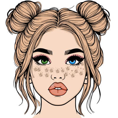 realistic girl with two buns on her hair and lips