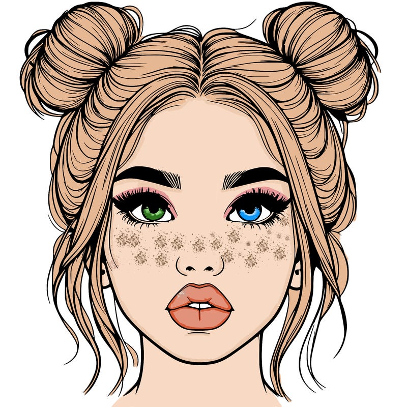 realistic girl with two buns on her hair and lips
