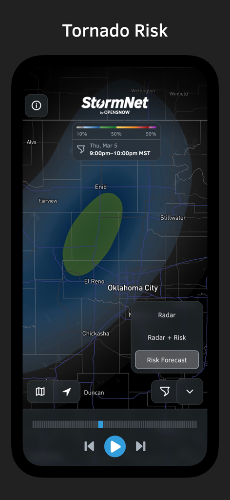 StormNet - StormNet app interface showing a tornado risk forecast map for the Oklahoma City area