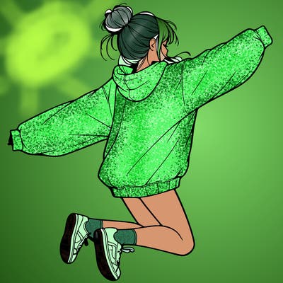 realistic girl jumping with a bun and oversized sweatshirt