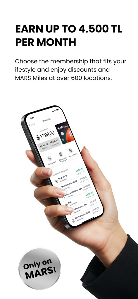MARS Mobile Finance Services - A smartphone screen displaying MARS Miles rewards balance and transaction history with text about earning monthly rewards.