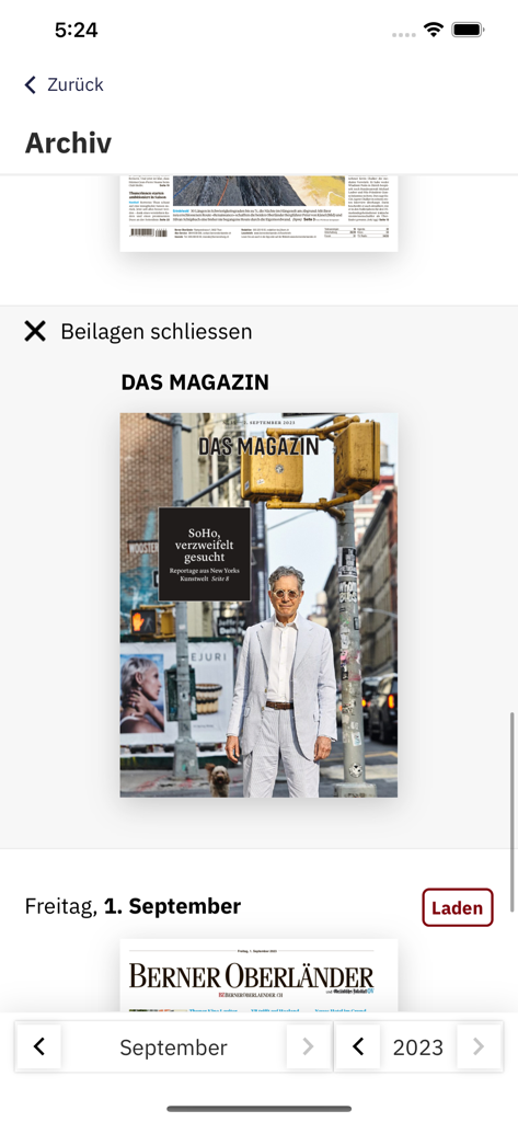 BZ Berner Oberländer E-Paper - Archive and supplements section of the BZ Berner Oberlaender epaper app showing magazine covers and past newspaper editions