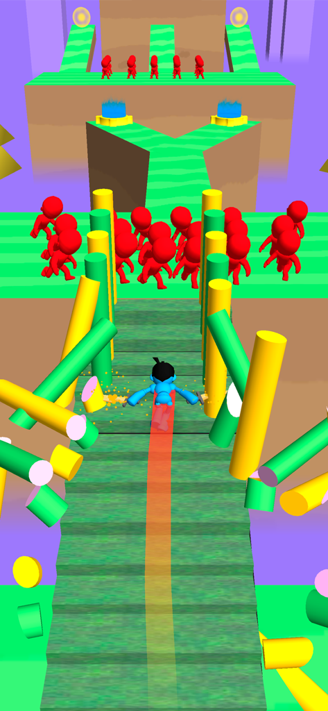 Blue blade master character slicing through cylindrical obstacles on a bridge towards red enemies