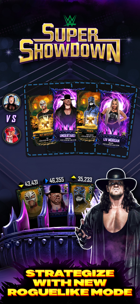 WWE SuperCard - Wrestling Game - Capture d'écran du jeu mobile WWE SuperCard montrant le mode roguelike Super Showdown avec des cartes de superstars du catch, dont The Undertaker.