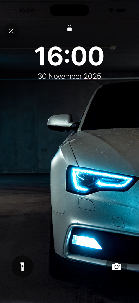 Wallpapers: Live Wallpapers 4K - High definition iPhone lock screen wallpaper featuring a car with glowing blue LED headlights