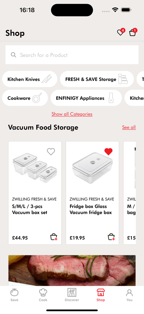 ZWILLING App - ZWILLING app shop screen displaying vacuum food storage containers and kitchenware categories.