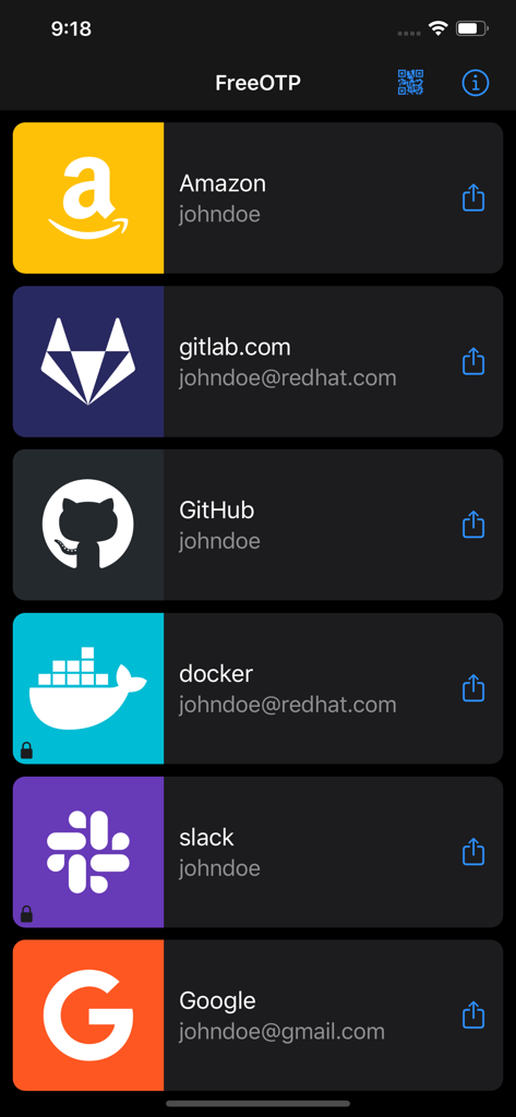 FreeOTP Authenticator - FreeOTP Authenticator app screen displaying multiple accounts for two factor authentication including GitLab and GitHub