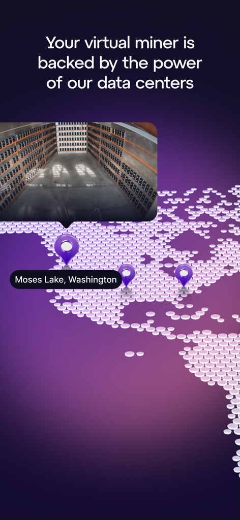 Una mappa del Nord America che mostra le posizioni dei data center di GoMining e una foto di una configurazione di mining rig reale
