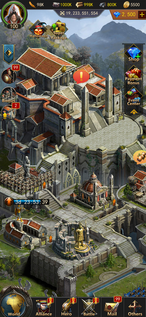 Road of Kings - Endless Glory - Top down view of an ancient imperial city featuring grand stone buildings and golden statues