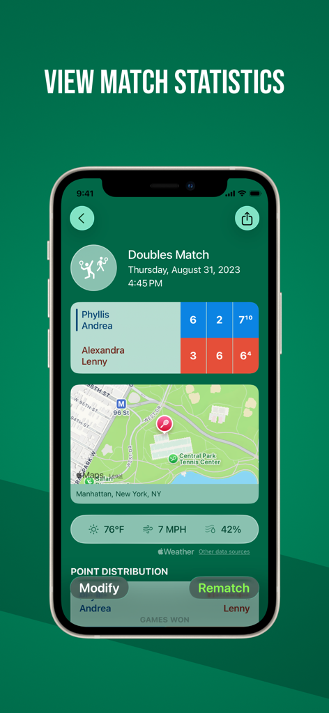 Tennis Scorecard App - Tennis Scorecard App zeigt Doppelspielergebnisse mit Standortkarte und Wetterdaten auf einem iPhone