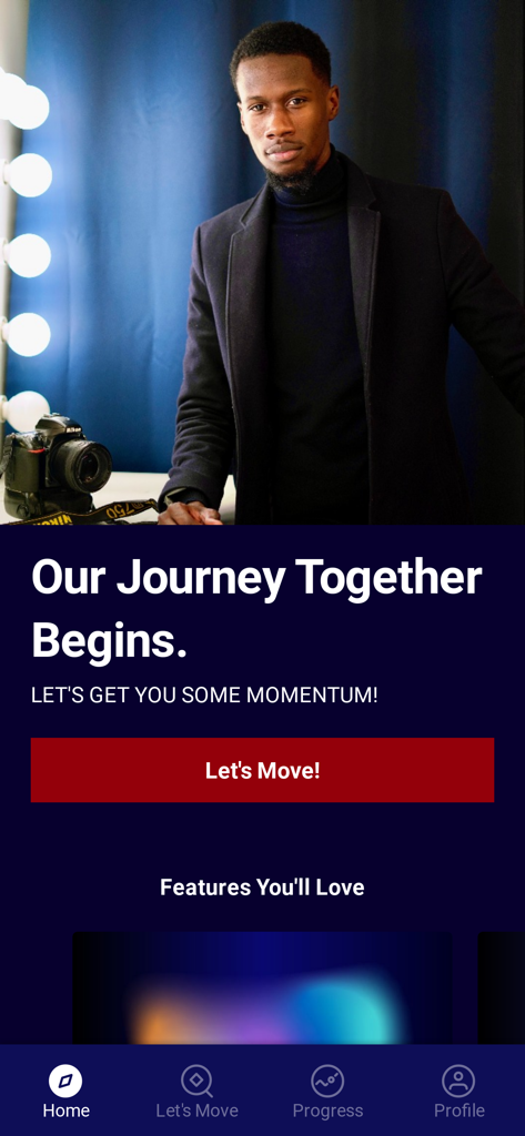 MOMENTUM+ - Welcome screen of the MOMENTUM plus app featuring a photo of creator Albaner C Eugene Jr and a call to action button