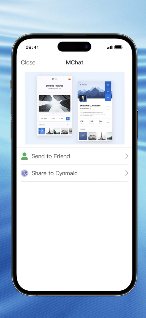 MChat Messenger interface showing options to send content to a friend or share to a dynamic feed.