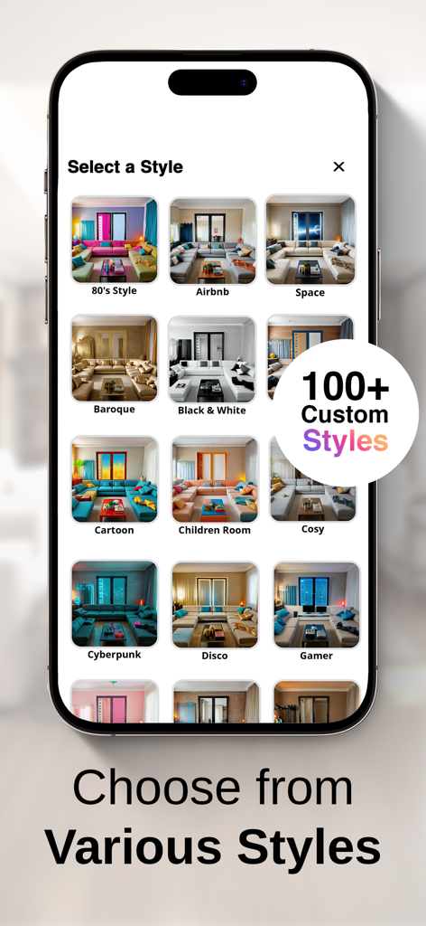 Un écran de smartphone affichant une variété de plus d'une centaine de styles de design d'intérieur IA personnalisés dans l'application RoomGPT.