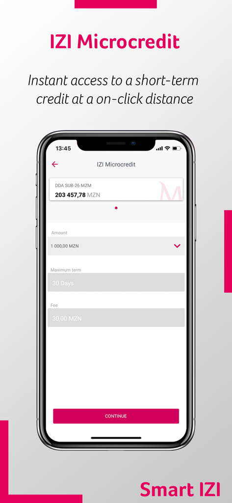 Millennium bim Smart IZI - Aplicación Millennium bim Smart IZI mostrando la pantalla de solicitud de microcrédito con selección de monto y plazo del préstamo
