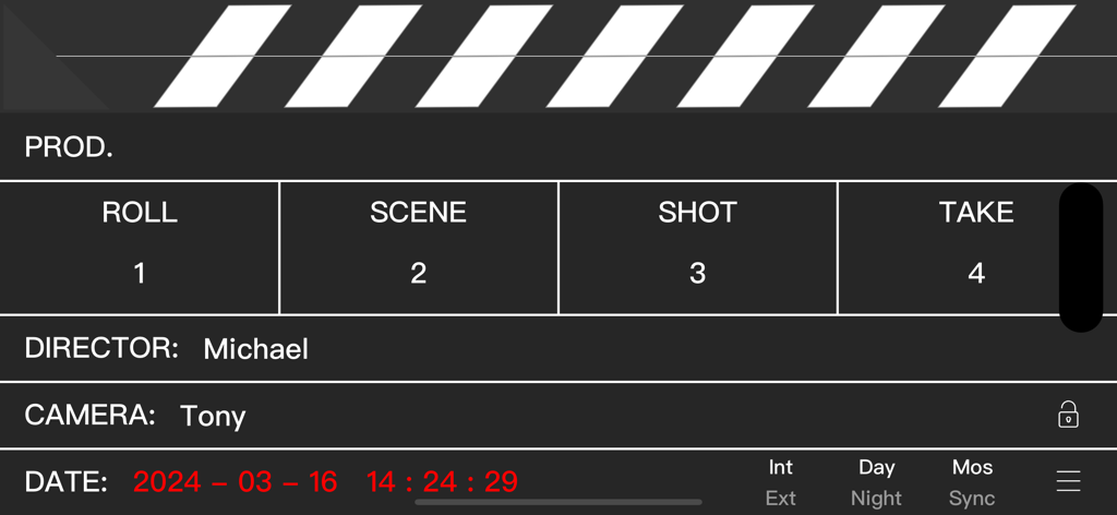 eSlate digital clapperboard interface displaying roll scene and take information