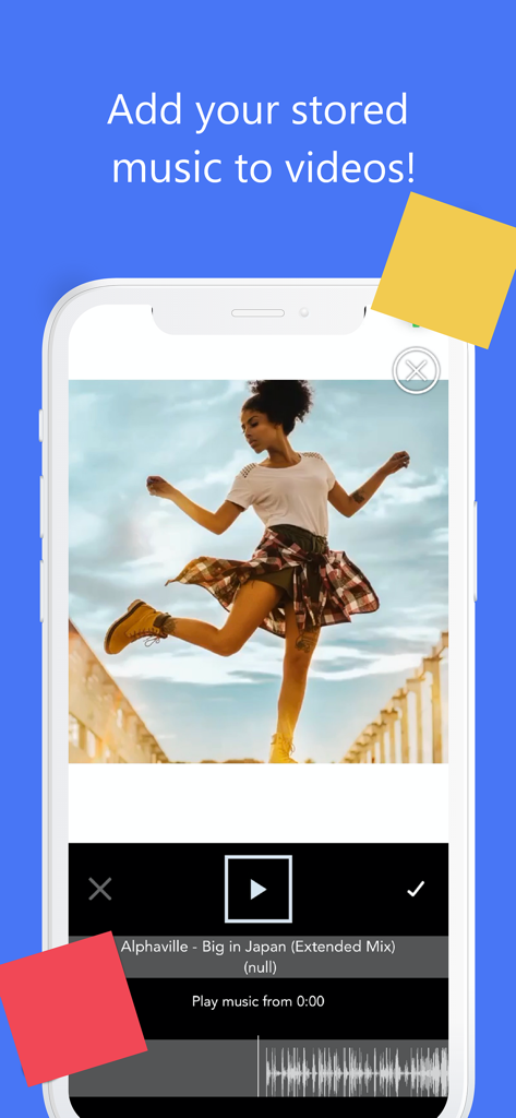 Benutzeroberfläche der SLOMO-App, die ein Video einer tanzenden Frau mit der Option zeigt, Musik aus einer persönlichen Bibliothek hinzuzufügen