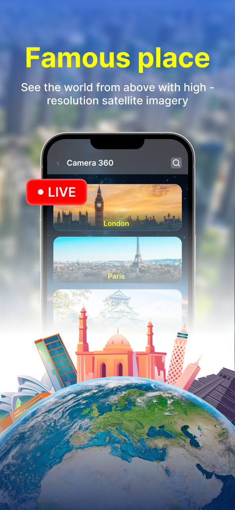 3D Earth Map - Una pantalla de teléfono inteligente que muestra lugares famosos del mundo y vistas de cámara en vivo en la aplicación Mapa Terrestre 3D.
