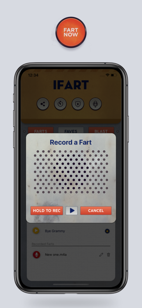iFart - Fart Sounds App - Smartphone screen displaying the iFart app Record a Fart recording interface