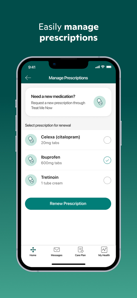 One Medical - One Medical app screen for managing and renewing prescriptions including options for medication renewals and new requests.