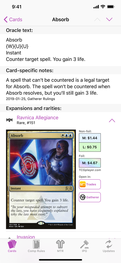 MTG Guide - Interfaz de la aplicación Guía MTG que muestra información de la carta para Absorb, incluyendo texto de Oracle, reglas y precios de TCGplayer.