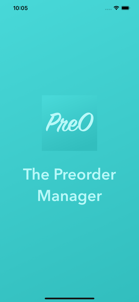 PreO - The Preorder Manager - Tela inicial do aplicativo PreO The Preorder Manager com o logotipo e slogan em um fundo azul-petróleo