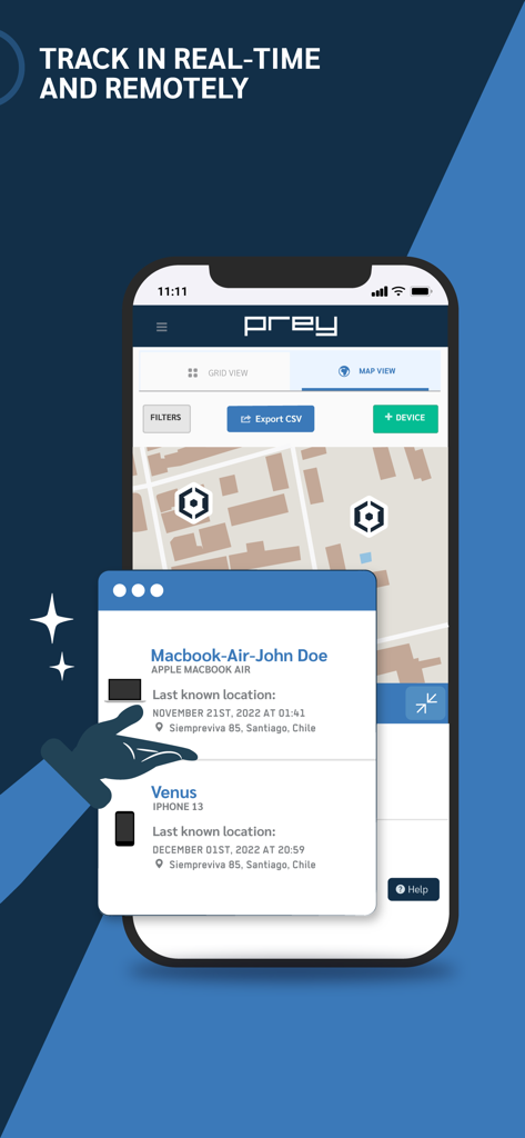 Real-time device tracking interface in the Prey app showing locations for a MacBook and iPhone.