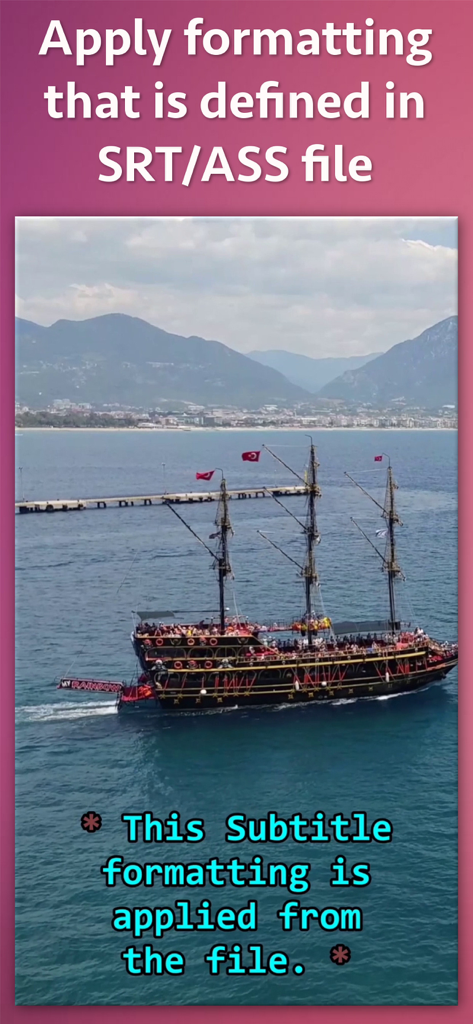 Video Subtitle Hardcoder - Example of custom subtitle formatting applied from an SRT or ASS file onto a video of a ship.