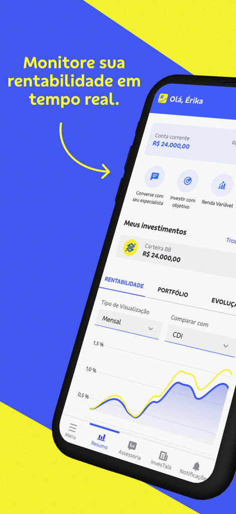 Investimentos BB Taxa Zero - Interface de l'application mobile Investimentos BB affichant un graphique de rentabilité d'investissement en temps réel comparé au CDI