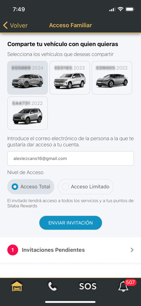 Grupo Silaba - Mobile app screen for sharing vehicle access with family members in the Grupo Silaba app