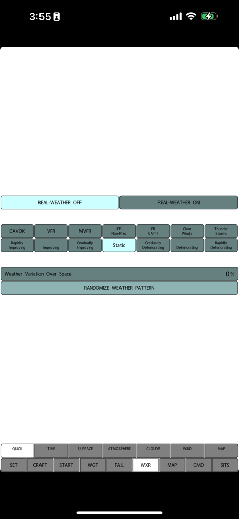 X-Plane 12 Control Pad weather settings screen showing presets for CAVOK, VFR, and thunderstorms with real-time weather controls.