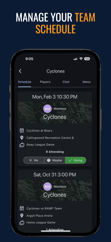 RAMP Team App Kalenderbildschirm zur Verwaltung von Spielen und Anwesenheit von Sportteams