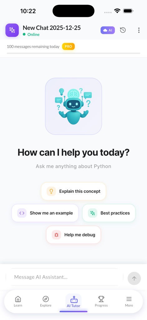 AI Tutor screen in the Learn Python app featuring options for explaining concepts and debugging code
