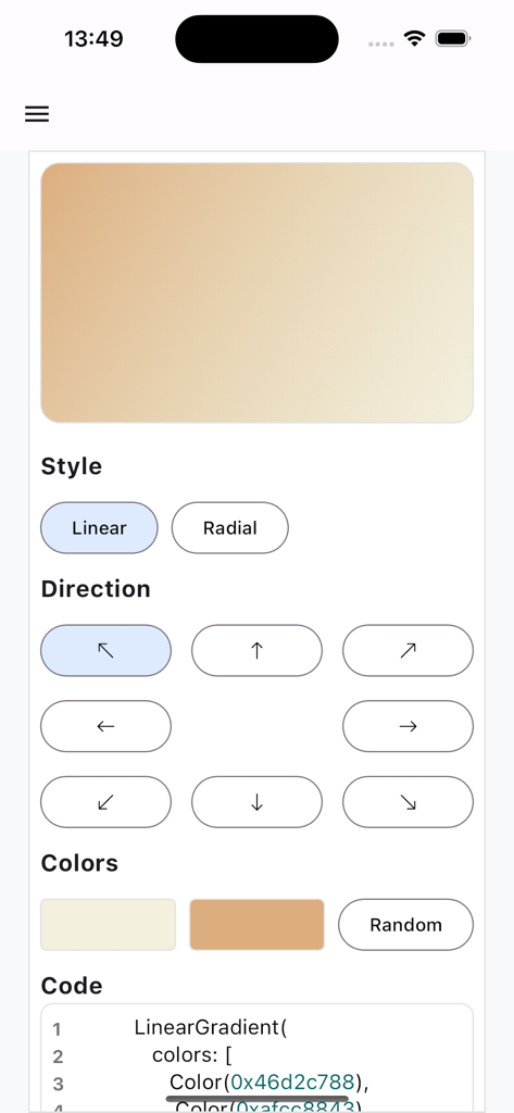 Flutter Tools & UI Builder Pro - Flutter gradient generator interface with direction controls and dart code preview