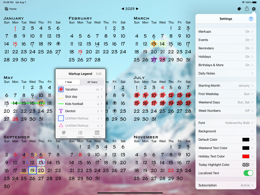 All-in-One Year Calendar Pro - All-in-One Year Calendar Pro iPad app showing yearly view with markup legend and customization settings