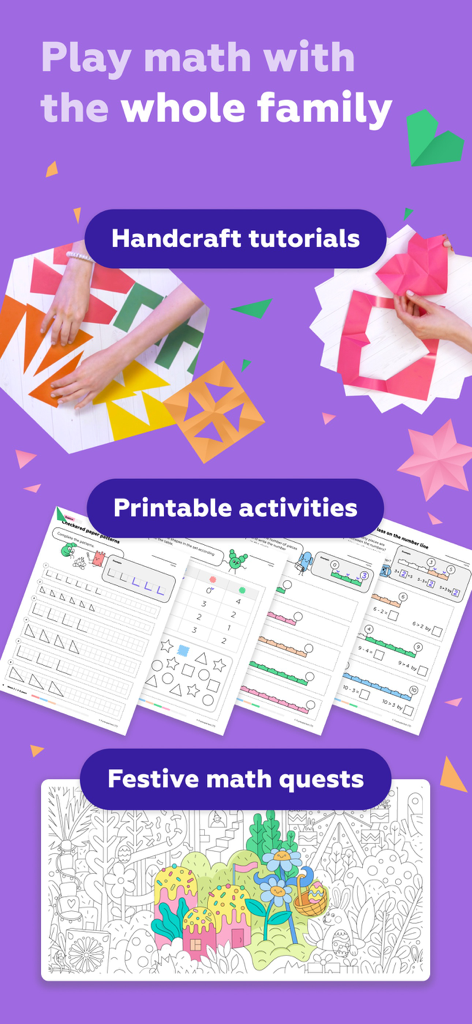 Coleção de atividades matemáticas para a família, incluindo tutoriais de artesanato, planilhas para impressão e missões matemáticas festivas.