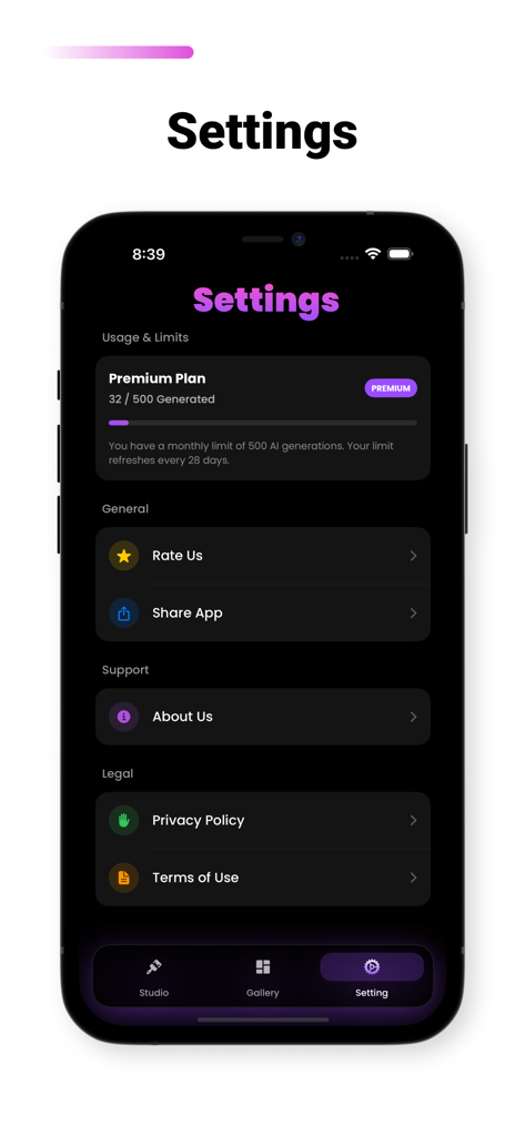 La page des paramètres de l'application mobile Galerie IA montrant l'utilisation de l'abonnement premium