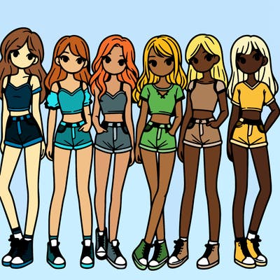 a group of girls wearing crop tops and shorts